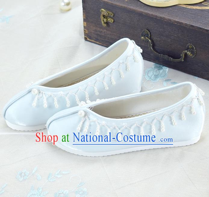 China National Women Shoes Traditional Hanfu Shoes Light Blue Satin Shoes