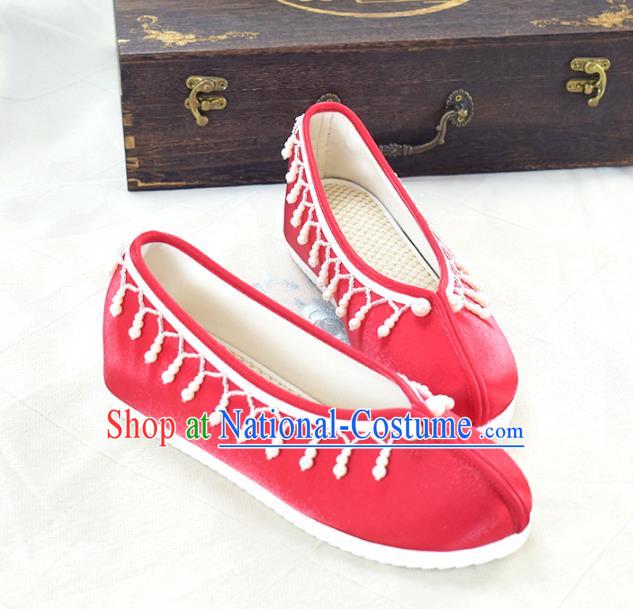 China National Women Beads Tassel Shoes Traditional Hanfu Shoes Wedding Red Satin Shoes