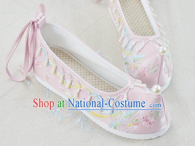 China Traditional Women Hanfu Shoes Pink Embroidered Shoes National Beads Tassel Shoes