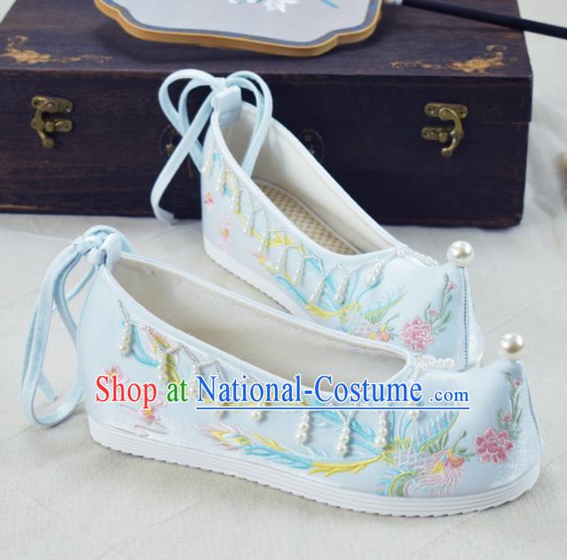 China National Beads Tassel Shoes Traditional Women Hanfu Shoes Light Blue Embroidered Shoes