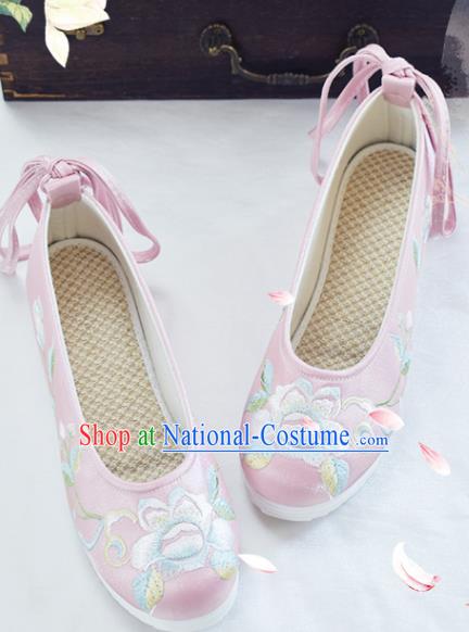 China National Pink Cloth Shoes Traditional Women Hanfu Shoes Embroidered Peony Shoes