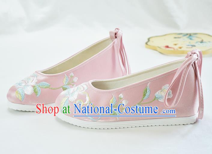 China National Pink Cloth Shoes Traditional Women Hanfu Shoes Embroidered Peony Shoes