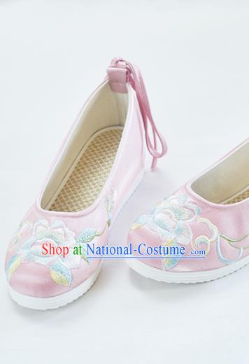 China National Pink Cloth Shoes Traditional Women Hanfu Shoes Embroidered Peony Shoes