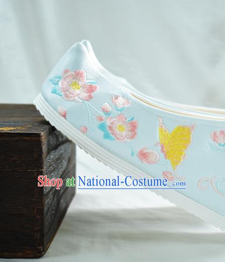 China Embroidered Peach Blossom Shoes National Wedding Shoes Women Light Blue Cloth Shoes Traditional Hanfu Bow Shoes