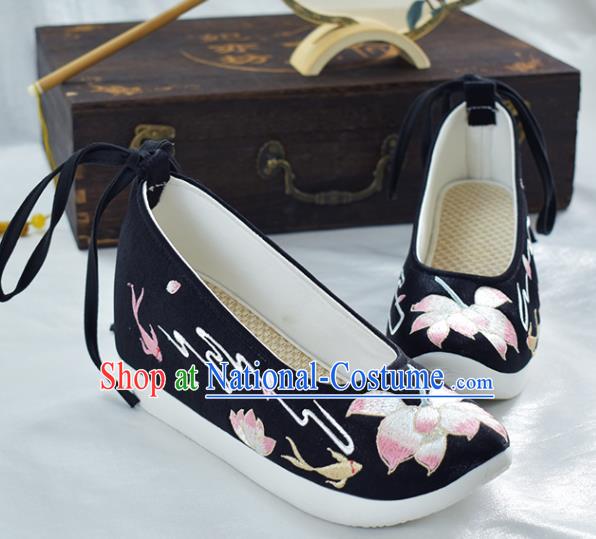 China Traditional Embroidered Lotus Shoes Women Black Satin Shoes National Shoes