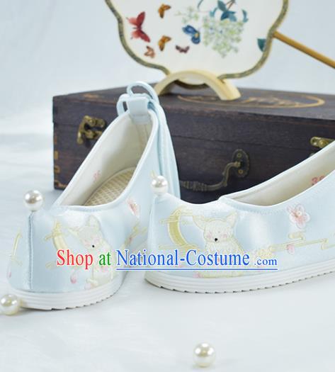 China National Women Shoes Traditional Light Blue Cloth Shoes Embroidered Shoes