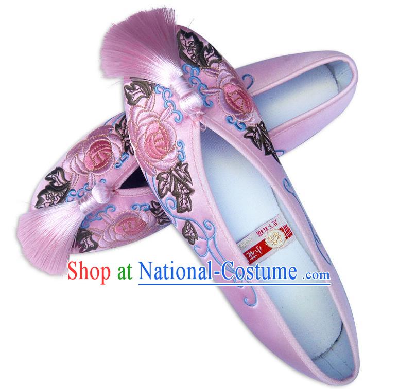 China Classical Xiu He Shoes Traditional Wedding Pink Satin Shoes Embroidered Rose Shoes