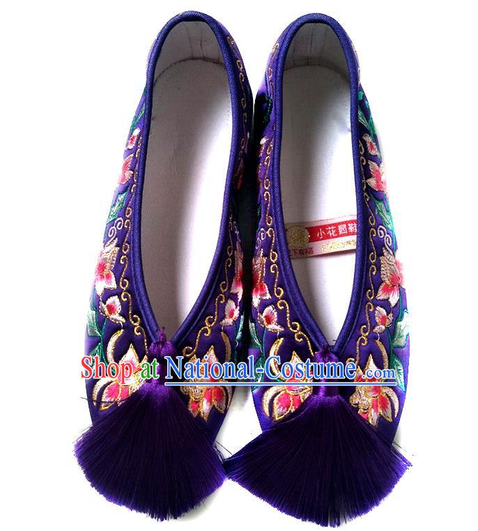 China Embroidered Flowers Shoes Classical Wedding Xiu He Shoes Traditional Purple Satin Shoes