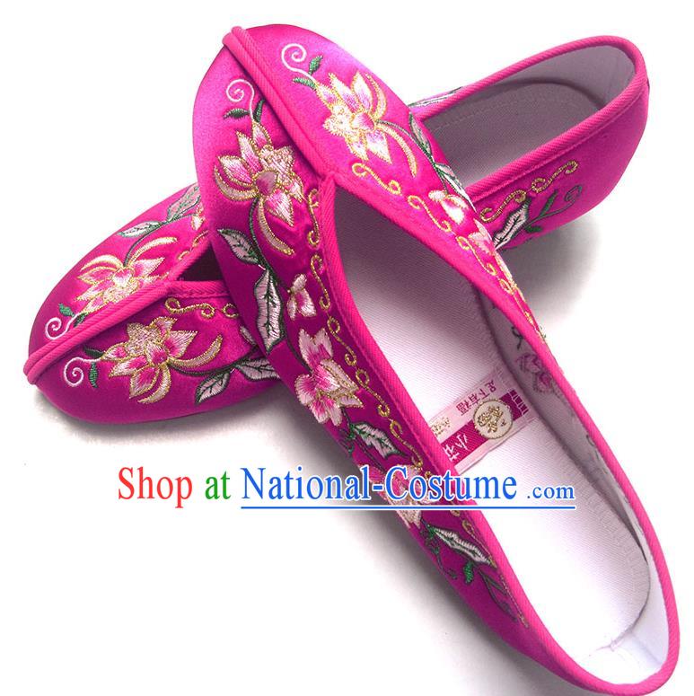 China National Shoes Traditional Rosy Satin Shoes Embroidered Flowers Shoes