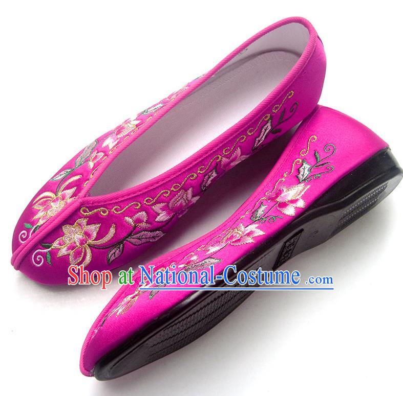 China National Shoes Traditional Rosy Satin Shoes Embroidered Flowers Shoes