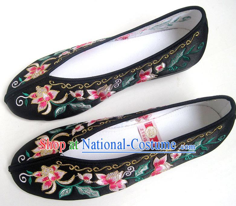 China Embroidered Flowers Shoes National Wedding Shoes Traditional Black Satin Shoes