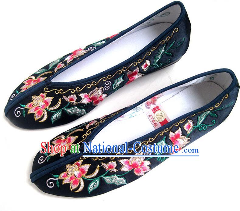 China National Wedding Shoes Traditional Xiu He Navy Blue Satin Shoes Embroidered Flowers Shoes