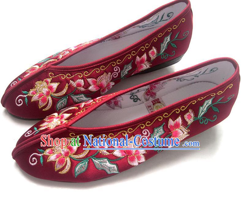 China Embroidered Flowers Shoes National Wedding Xiu He Shoes Traditional Wine Red Satin Shoes