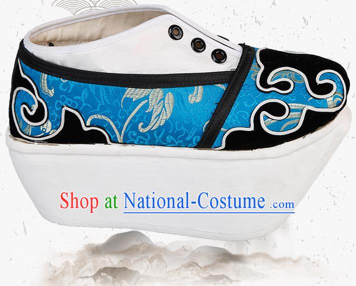 Chinese Traditional Beijing Opera Niche Shoes Handmade Ancient Scholar Blue Brocade Shoes