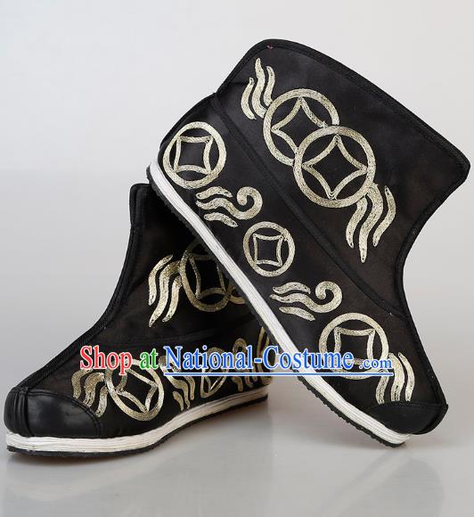 Chinese Handmade Ancient Swordsman Embroidered Black Boots Traditional Beijing Opera Warrior Shoes