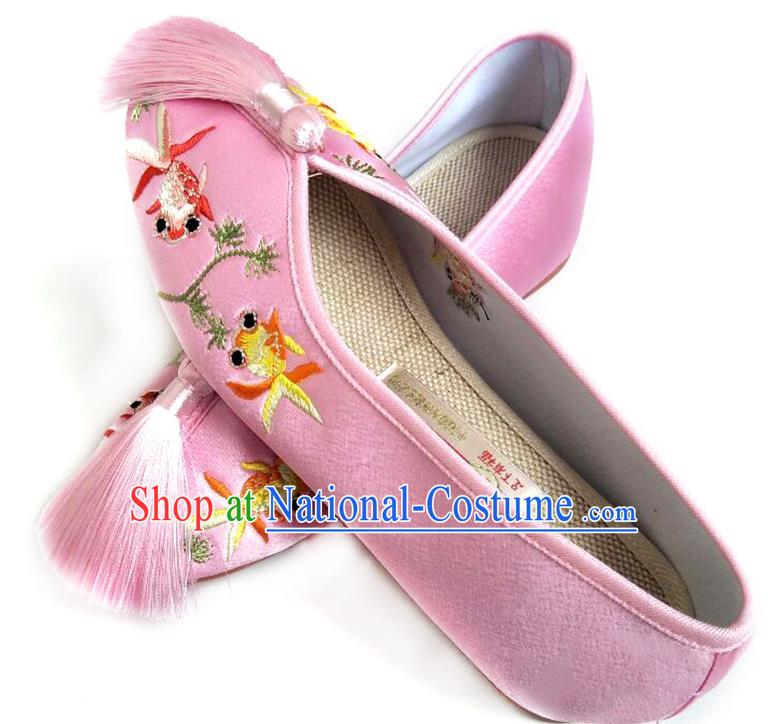 China Traditional Pink Satin Shoes Embroidered Goldfish Shoes National Shoes