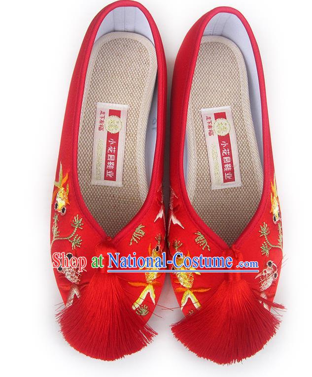 China Traditional Red Satin Shoes Embroidered Goldfish Shoes National Wedding Shoes