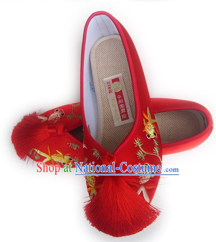 China Traditional Red Satin Shoes Embroidered Goldfish Shoes National Wedding Shoes