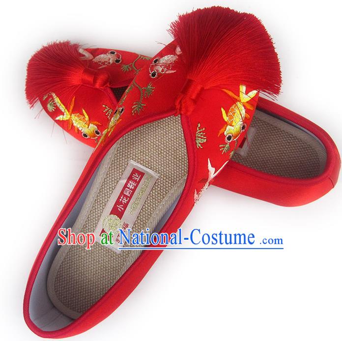 China Traditional Red Satin Shoes Embroidered Goldfish Shoes National Wedding Shoes