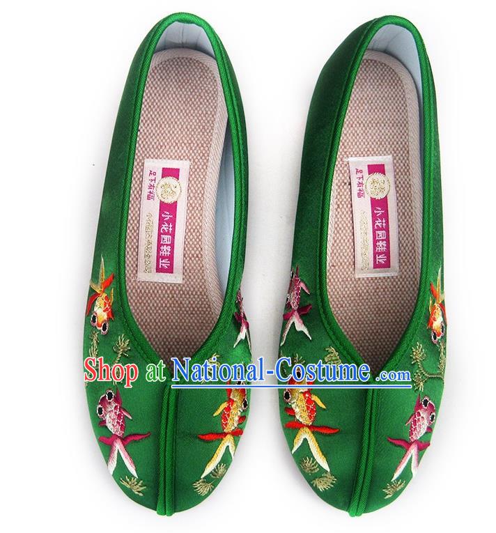 China Embroidered Green Satin Shoes National Beijing Shoes Traditional Wedding Shoes