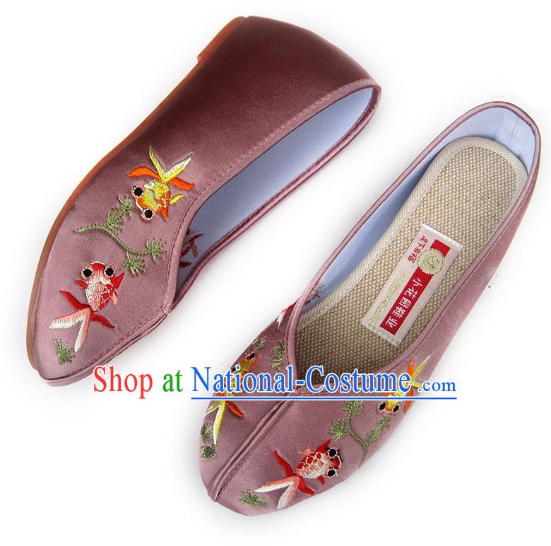 China Embroidered Cameo Brown Satin Shoes Traditional Wedding Shoes National Beijing Shoes