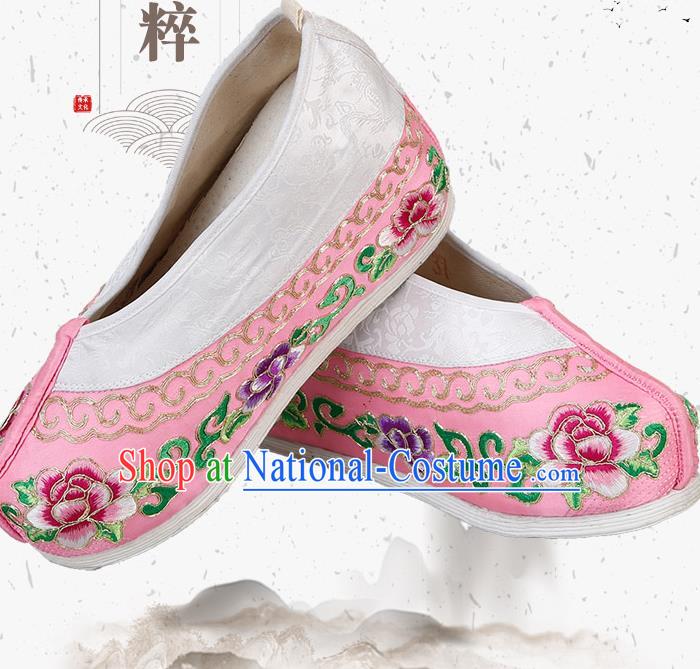 China Ancient Princess Pink Satin Shoes Traditional Peking Opera Diva Embroidered Peony Shoes