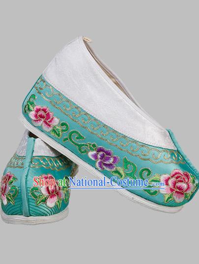 China Traditional Peking Opera Diva Embroidered Peony Shoes Ancient Princess Blue Satin Shoes