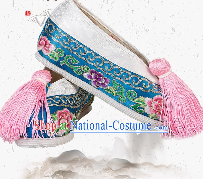 China Traditional Peking Opera Actress Embroidered Peony Shoes Ancient Rich Lady Blue Satin Shoes