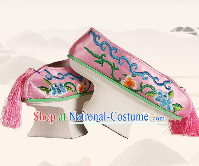 China Traditional Peking Opera Hua Tan Embroidered Shoes Ancient Qing Dynasty Princess Pink Satin Shoes