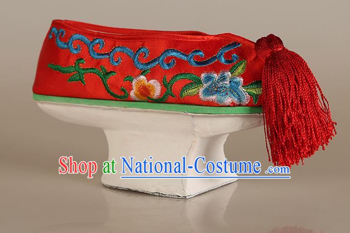 China Traditional Peking Opera Diva Embroidered Shoes Ancient Qing Dynasty Princess Red Satin Shoes