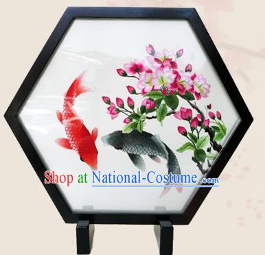 China Handmade Hexagon Blackwood Desk Decoration Traditional Suzhou Embroidered Begonia Carps Table Screen