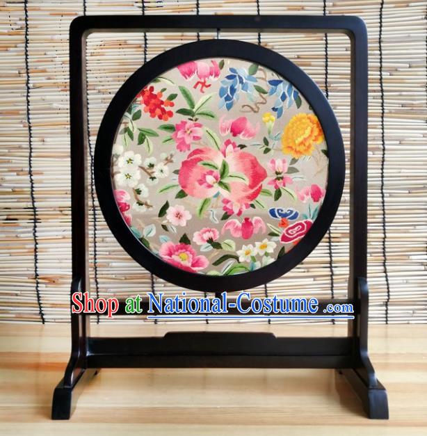 China Traditional Double Side Embroidered Peach Flowers Table Screen Handmade Blackwood Desk Decoration