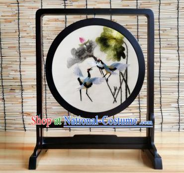 China Handmade Blackwood Craft Traditional Double Side Embroidered Crane Lotus Table Screen