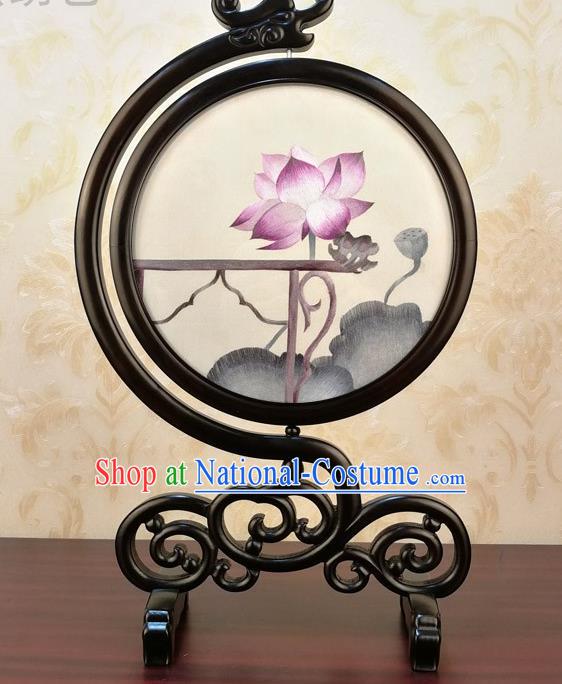 China Traditional Embroidered Lotus Table Screen Handmade Blackwood Desk Ornament Embroidery Silk Craft