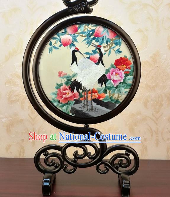 China Handmade Desk Ornament Embroidery Silk Craft Traditional Embroidered Cranes Peony Table Screen