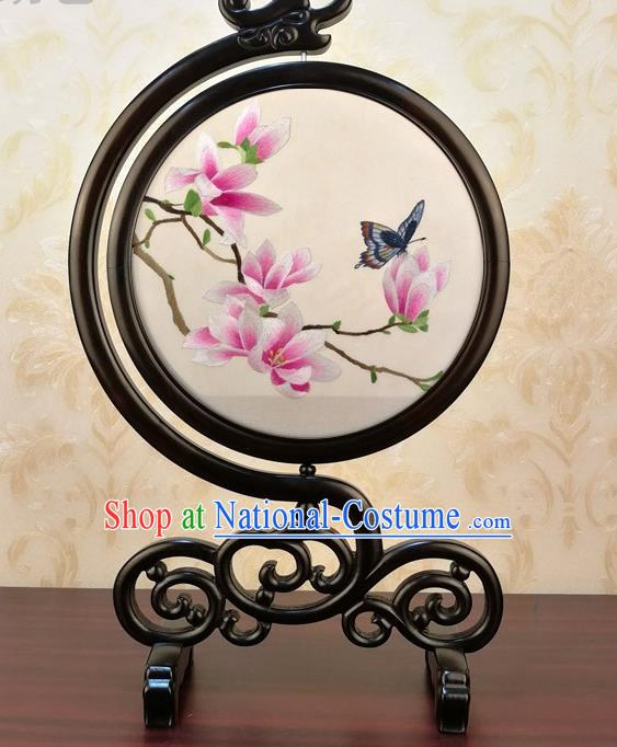 China Embroidery Silk Craft Traditional Embroidered Mangnolia Table Screen Handmade Blackwood Desk Ornament