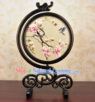 China Handmade Blackwood Desk Ornament Embroidery Silk Craft Traditional Embroidered Mangnolia Birds Table Screen