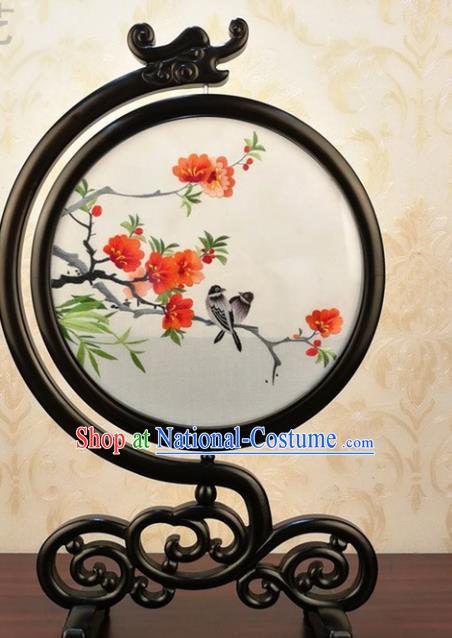 China Handmade Blackwood Table Screen Traditional Double Side Embroidered Begonia Silk Craft