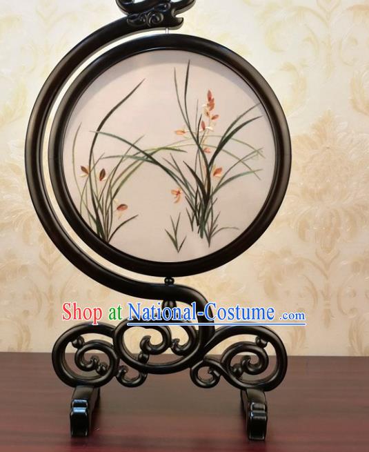 China Traditional Double Side Embroidered Orchids Silk Craft Handmade Blackwood Table Screen