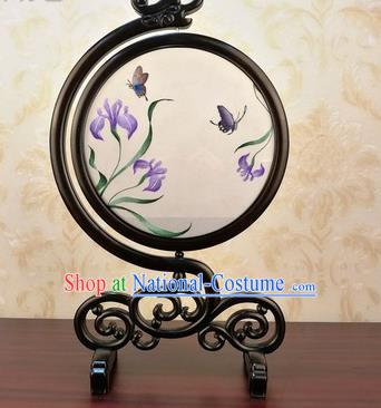 China Traditional Blackwood Carving Table Screen Handmade Embroidered Orchids Silk Craft