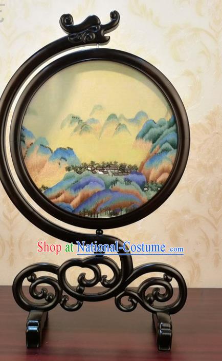 China Traditional Carving Blackwood Table Screen Handmade Embroidered Landscape Desk Decoration