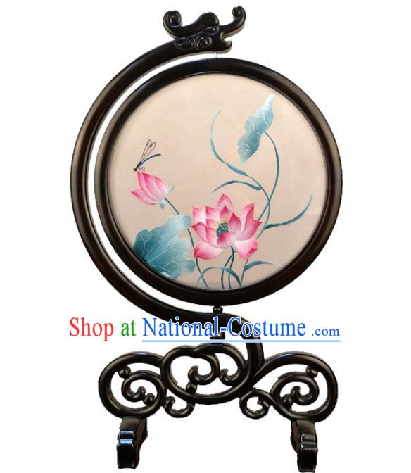 China Traditional Suzhou Embroidered Lotus Table Screen Handmade Carving Blackwood Craft