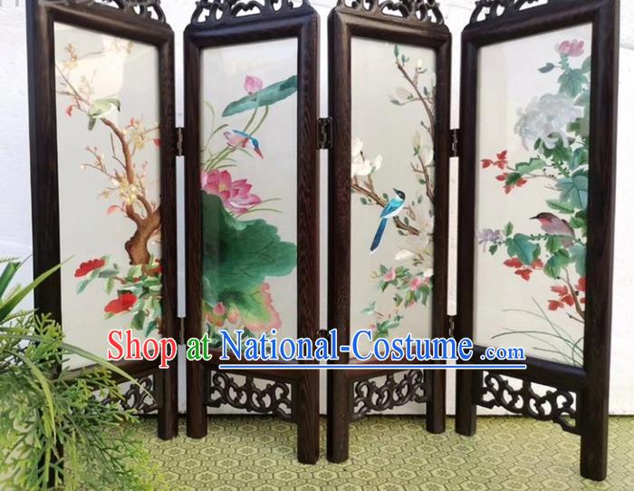 Chinese Handmade Folding Screen Embroidery Flowers Birds Rosewood Desk Ornaments