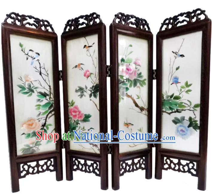 Chinese Embroidery Peony Birds Desk Ornaments Handmade Rosewood Folding Screen