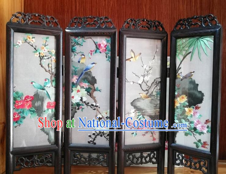 Chinese Handmade Rosewood Carving Folding Screen Embroidery Flowers Birds Desk Ornaments