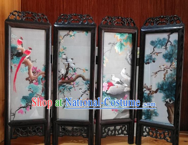 Chinese Suzhou Embroidery Birds Desk Ornaments Handmade Rosewood Folding Screen Craft