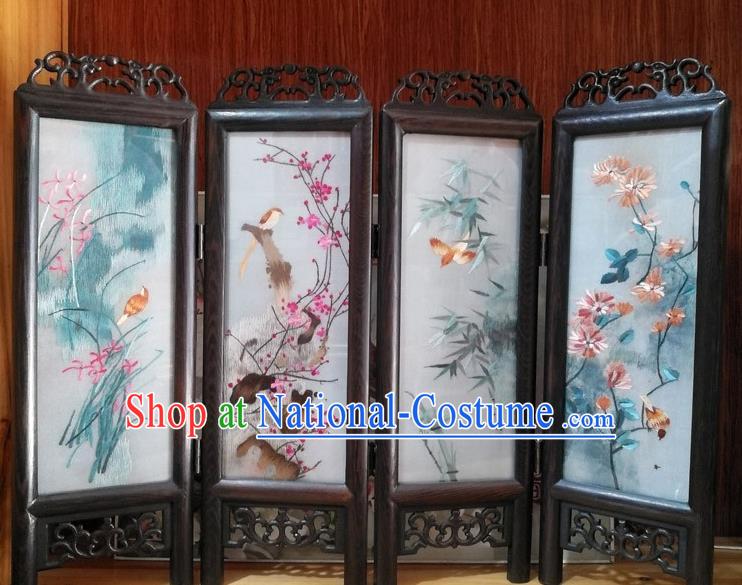 Chinese Desk Ornaments Handmade Rosewood Craft Suzhou Embroidery Plum Orchids Bamboo Chrysanthemum Folding Screen