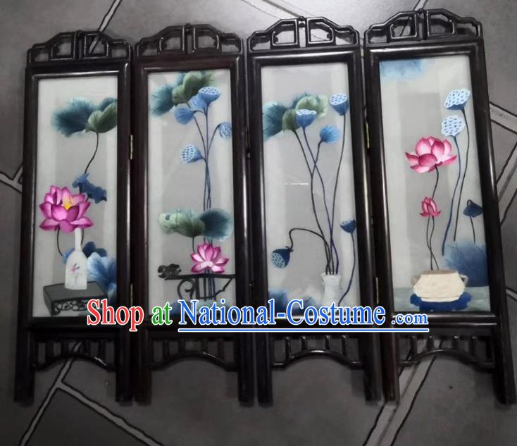 Chinese Handmade Desk Ornaments Rosewood Craft Suzhou Embroidery Lotus Table Folding Screen