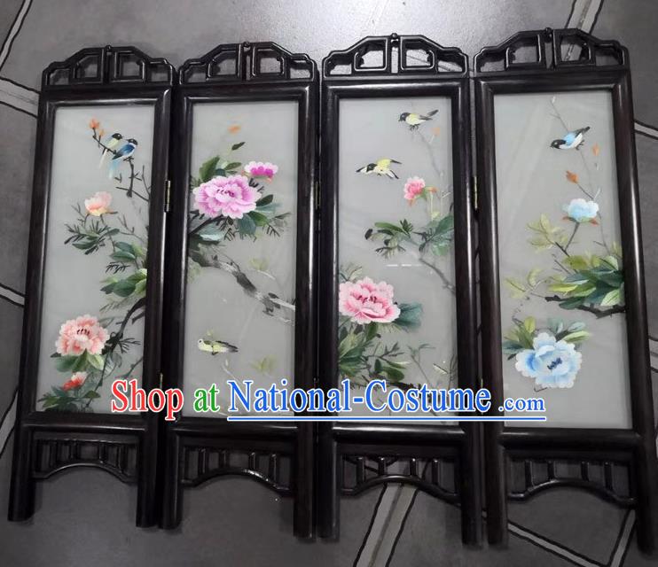 Chinese Suzhou Embroidery Peony Table Folding Screen Handmade Desk Ornaments Rosewood Craft