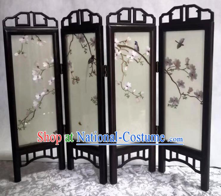 Chinese Suzhou Embroidery Mangnolia Table Screen Handmade Desk Ornaments Rosewood Folding Screen Craft